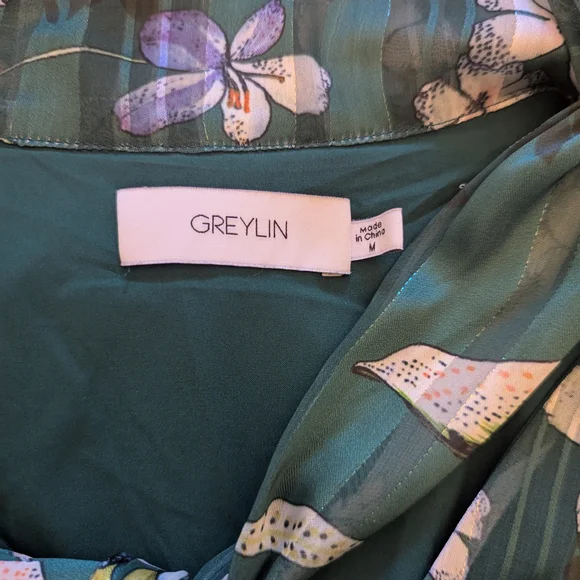 EUC Greylin Anthropologie womens medium Estelle tie neck blouse green floral - Picture 3 of 8